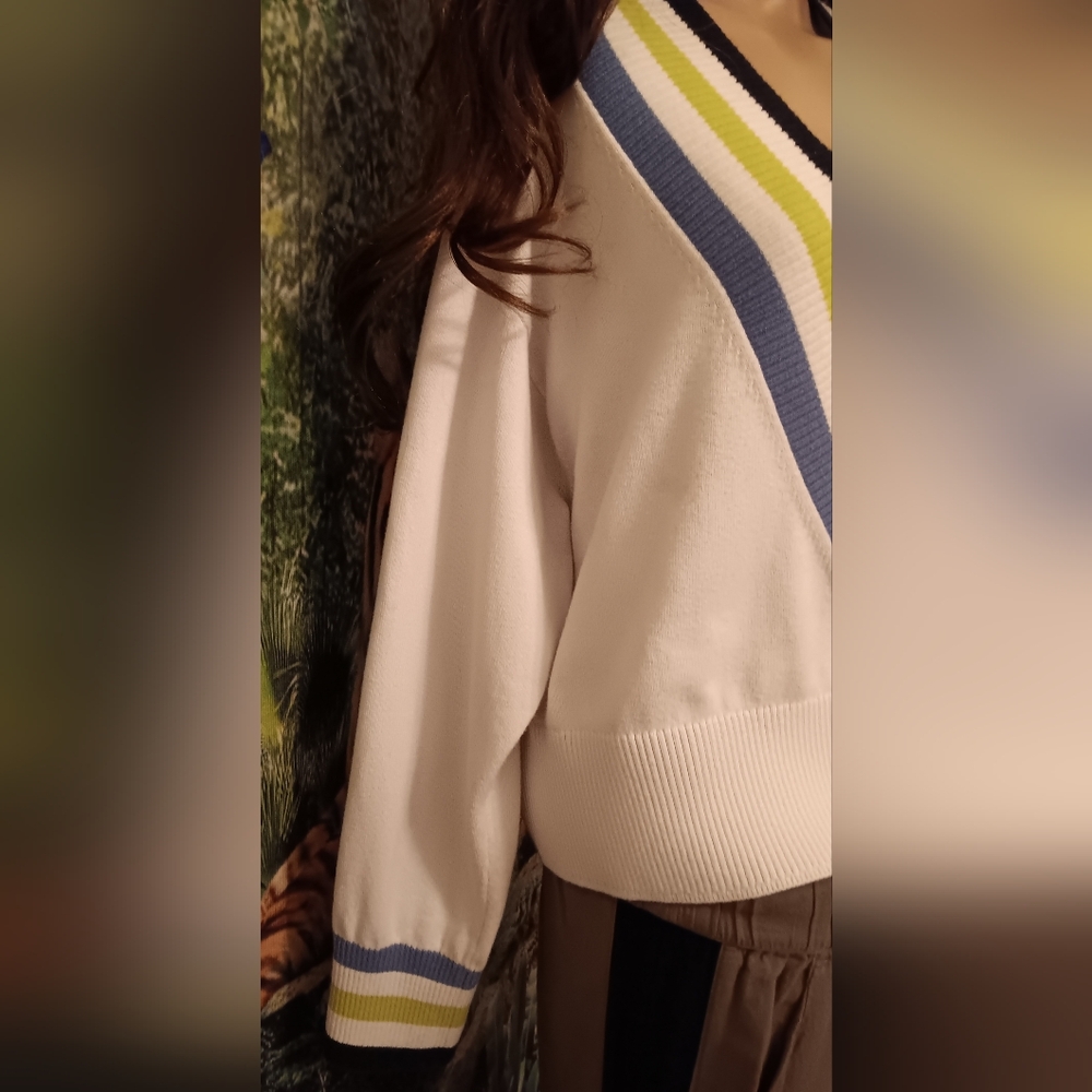 Tommy Hilfiger White V-Neck Sweater with Blue and Green Signature Stripes - Picture 4 of 8